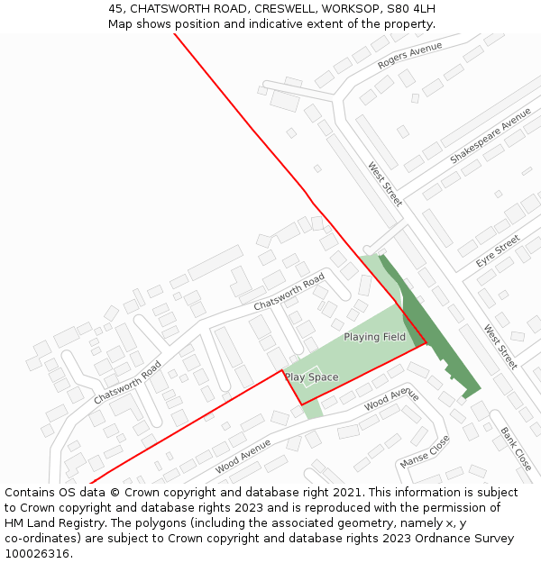 45, CHATSWORTH ROAD, CRESWELL, WORKSOP, S80 4LH: Location map and indicative extent of plot