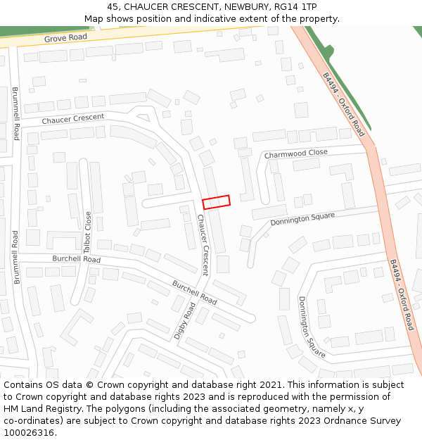 45, CHAUCER CRESCENT, NEWBURY, RG14 1TP: Location map and indicative extent of plot
