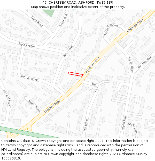 45, CHERTSEY ROAD, ASHFORD, TW15 1SR: Location map and indicative extent of plot