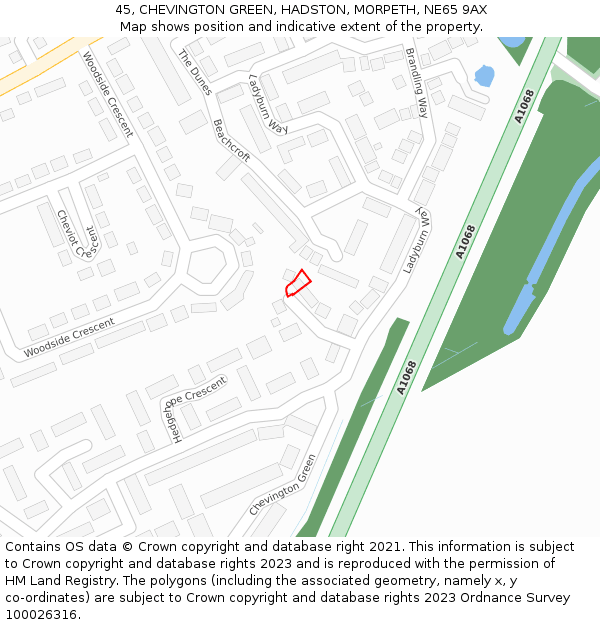45, CHEVINGTON GREEN, HADSTON, MORPETH, NE65 9AX: Location map and indicative extent of plot