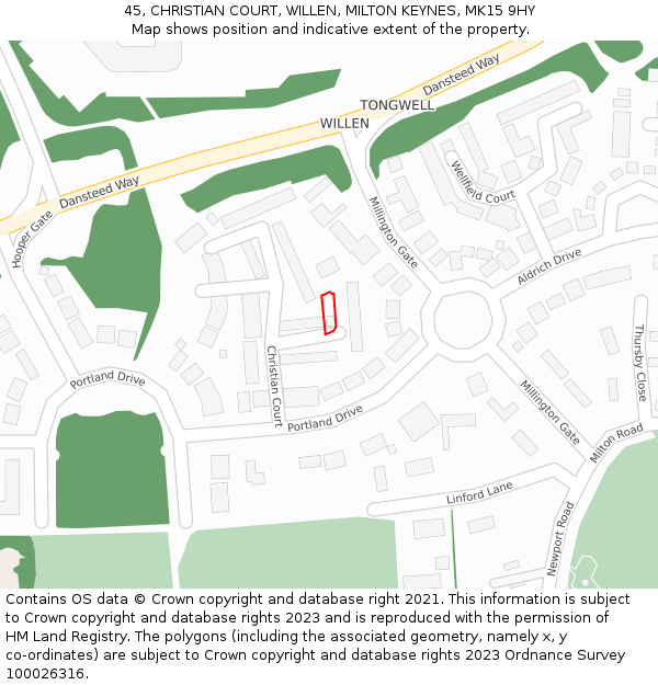 45, CHRISTIAN COURT, WILLEN, MILTON KEYNES, MK15 9HY: Location map and indicative extent of plot