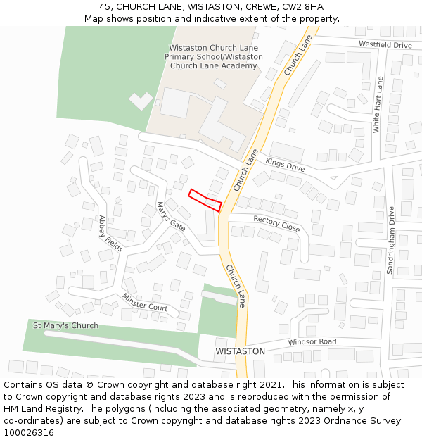 45, CHURCH LANE, WISTASTON, CREWE, CW2 8HA: Location map and indicative extent of plot