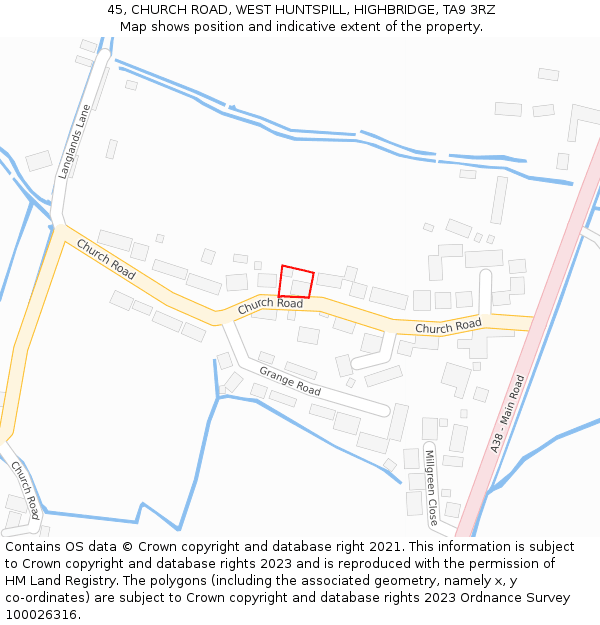 45, CHURCH ROAD, WEST HUNTSPILL, HIGHBRIDGE, TA9 3RZ: Location map and indicative extent of plot