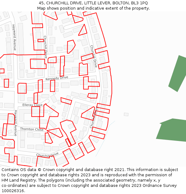 45, CHURCHILL DRIVE, LITTLE LEVER, BOLTON, BL3 1PQ: Location map and indicative extent of plot