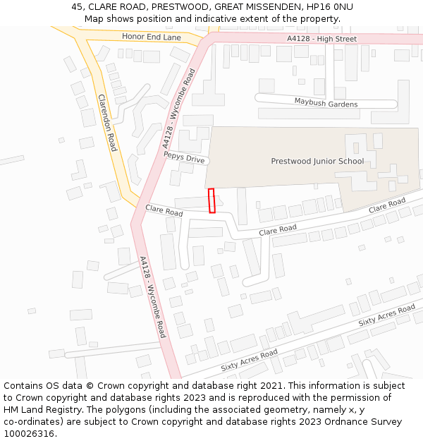 45, CLARE ROAD, PRESTWOOD, GREAT MISSENDEN, HP16 0NU: Location map and indicative extent of plot