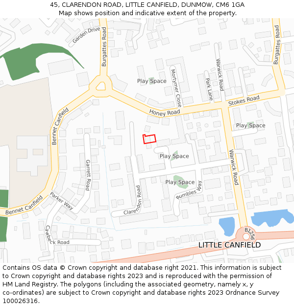 45, CLARENDON ROAD, LITTLE CANFIELD, DUNMOW, CM6 1GA: Location map and indicative extent of plot