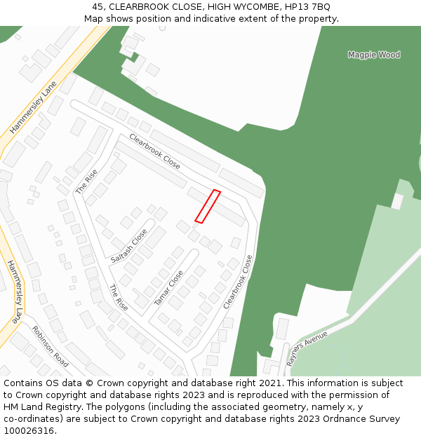 45, CLEARBROOK CLOSE, HIGH WYCOMBE, HP13 7BQ: Location map and indicative extent of plot