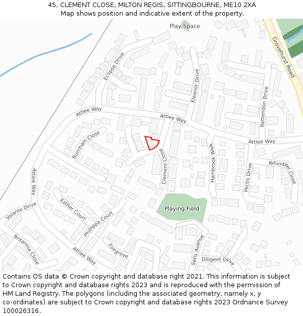 45, CLEMENT CLOSE, MILTON REGIS, SITTINGBOURNE, ME10 2XA: Location map and indicative extent of plot