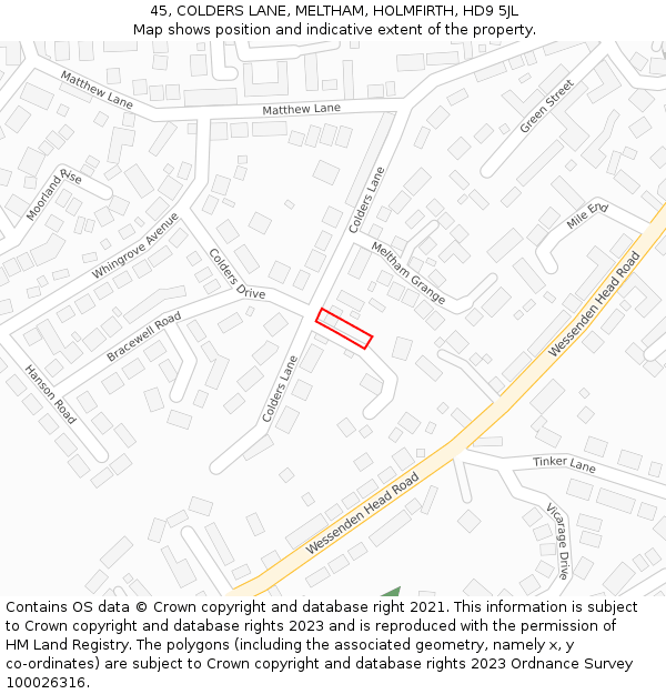 45, COLDERS LANE, MELTHAM, HOLMFIRTH, HD9 5JL: Location map and indicative extent of plot