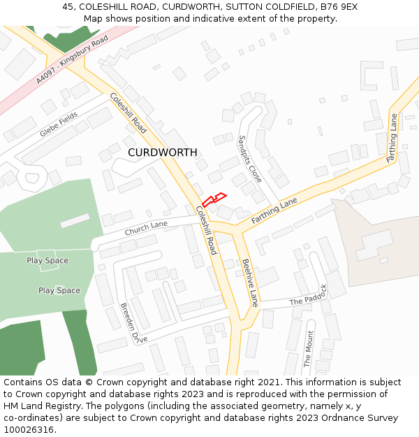 45, COLESHILL ROAD, CURDWORTH, SUTTON COLDFIELD, B76 9EX: Location map and indicative extent of plot