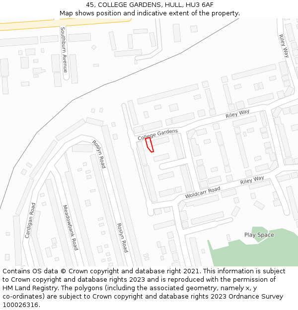 45, COLLEGE GARDENS, HULL, HU3 6AF: Location map and indicative extent of plot