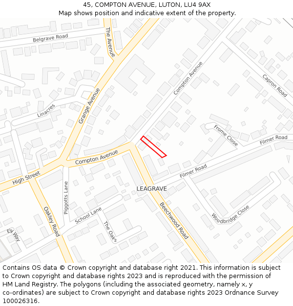 45, COMPTON AVENUE, LUTON, LU4 9AX: Location map and indicative extent of plot