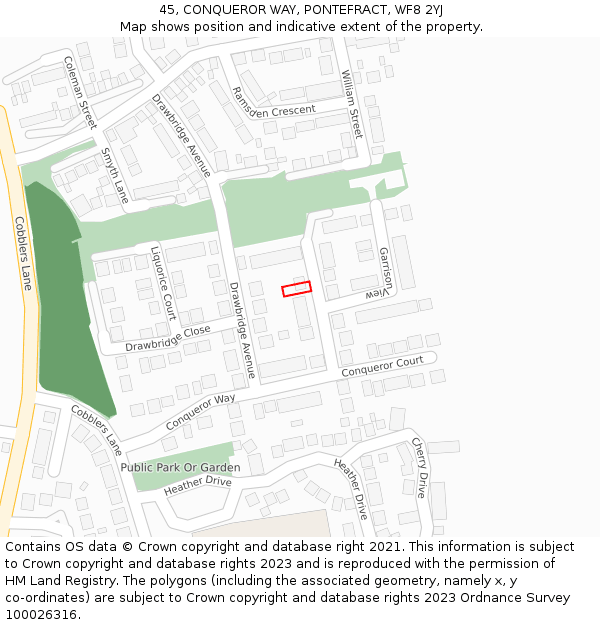 45, CONQUEROR WAY, PONTEFRACT, WF8 2YJ: Location map and indicative extent of plot