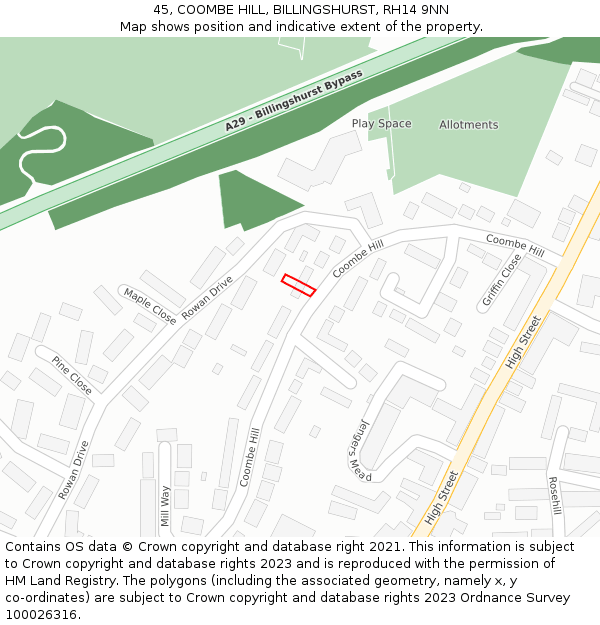 45, COOMBE HILL, BILLINGSHURST, RH14 9NN: Location map and indicative extent of plot