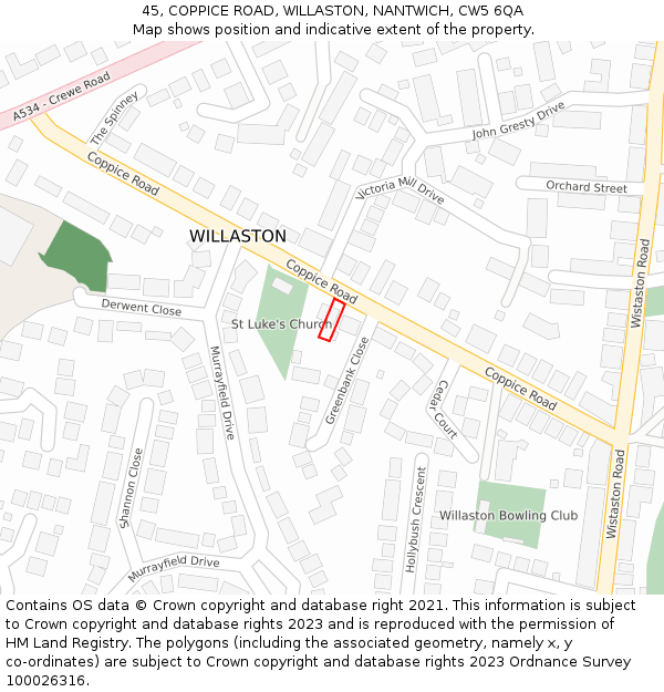 45, COPPICE ROAD, WILLASTON, NANTWICH, CW5 6QA: Location map and indicative extent of plot