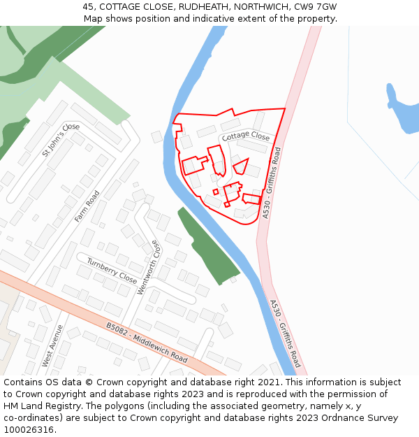 45, COTTAGE CLOSE, RUDHEATH, NORTHWICH, CW9 7GW: Location map and indicative extent of plot