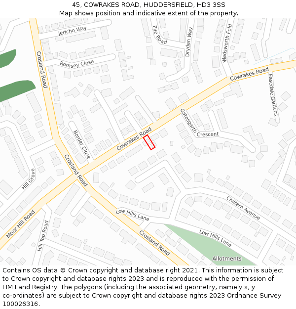 45, COWRAKES ROAD, HUDDERSFIELD, HD3 3SS: Location map and indicative extent of plot