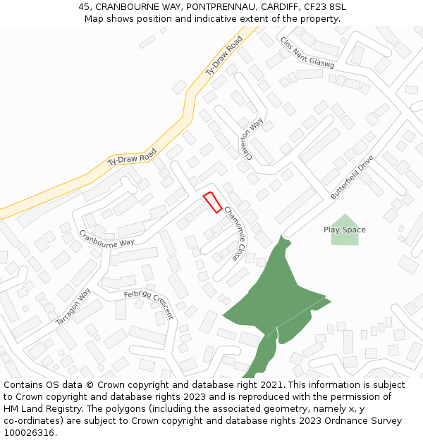 45, CRANBOURNE WAY, PONTPRENNAU, CARDIFF, CF23 8SL: Location map and indicative extent of plot