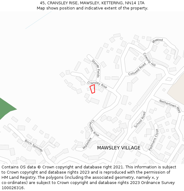 45, CRANSLEY RISE, MAWSLEY, KETTERING, NN14 1TA: Location map and indicative extent of plot