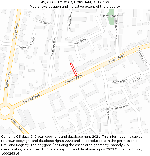 45, CRAWLEY ROAD, HORSHAM, RH12 4DS: Location map and indicative extent of plot