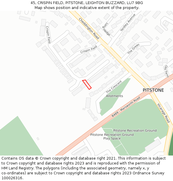 45, CRISPIN FIELD, PITSTONE, LEIGHTON BUZZARD, LU7 9BG: Location map and indicative extent of plot