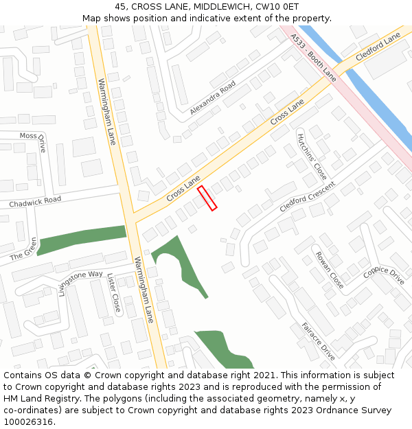 45, CROSS LANE, MIDDLEWICH, CW10 0ET: Location map and indicative extent of plot