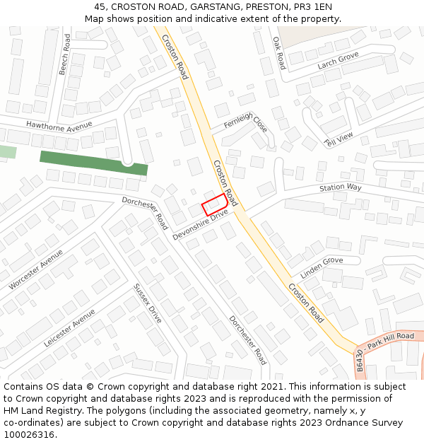 45, CROSTON ROAD, GARSTANG, PRESTON, PR3 1EN: Location map and indicative extent of plot