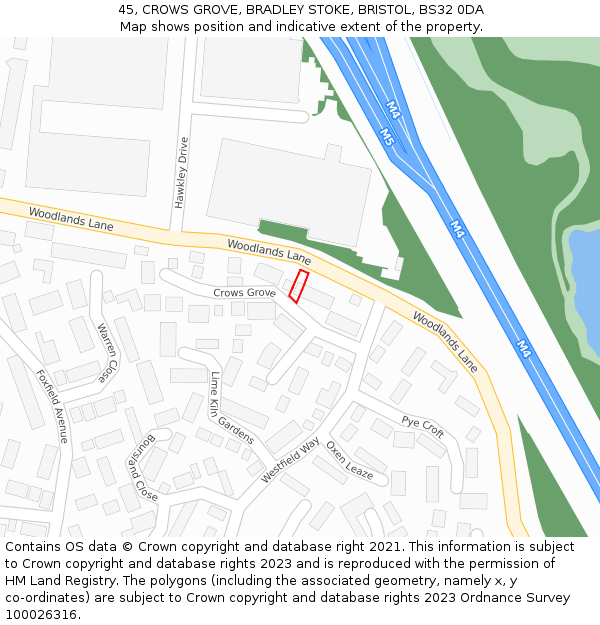 45, CROWS GROVE, BRADLEY STOKE, BRISTOL, BS32 0DA: Location map and indicative extent of plot