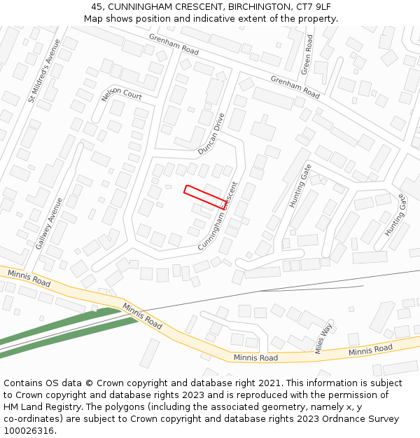 45, CUNNINGHAM CRESCENT, BIRCHINGTON, CT7 9LF: Location map and indicative extent of plot