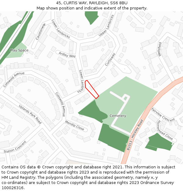 45, CURTIS WAY, RAYLEIGH, SS6 8BU: Location map and indicative extent of plot