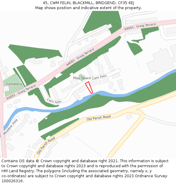 45, CWM FELIN, BLACKMILL, BRIDGEND, CF35 6EJ: Location map and indicative extent of plot