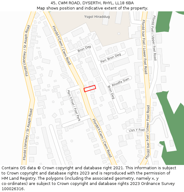 45, CWM ROAD, DYSERTH, RHYL, LL18 6BA: Location map and indicative extent of plot