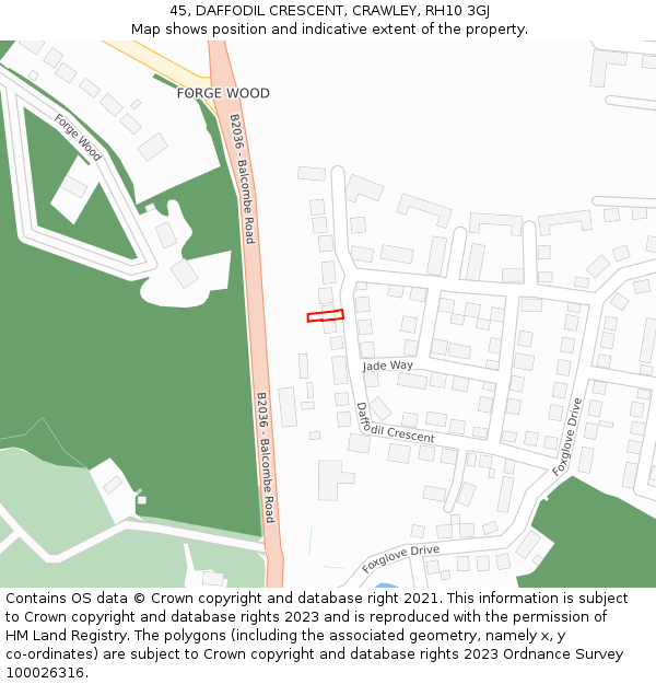 45, DAFFODIL CRESCENT, CRAWLEY, RH10 3GJ: Location map and indicative extent of plot