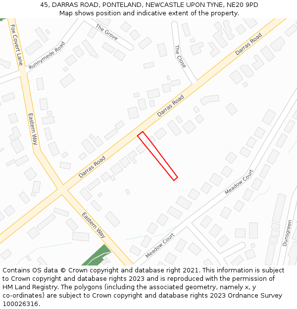 45, DARRAS ROAD, PONTELAND, NEWCASTLE UPON TYNE, NE20 9PD: Location map and indicative extent of plot