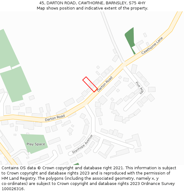 45, DARTON ROAD, CAWTHORNE, BARNSLEY, S75 4HY: Location map and indicative extent of plot