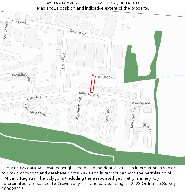 45, DAUX AVENUE, BILLINGSHURST, RH14 9TD: Location map and indicative extent of plot