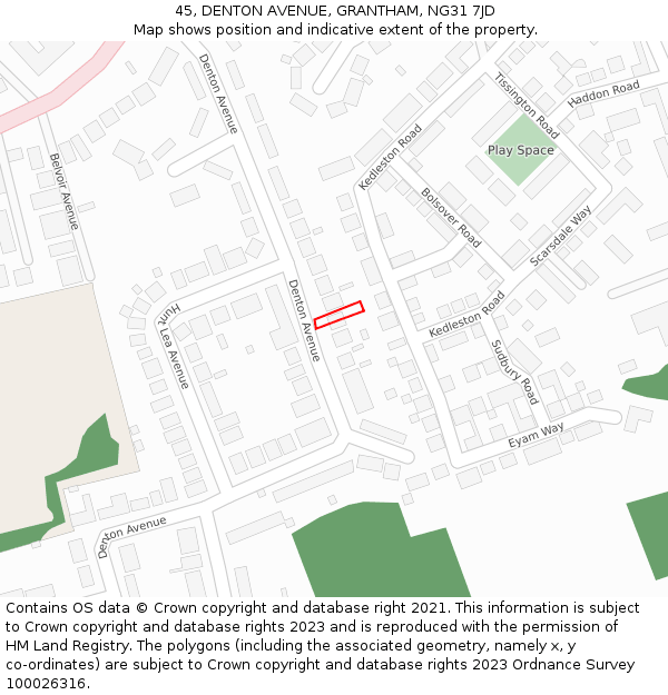 45, DENTON AVENUE, GRANTHAM, NG31 7JD: Location map and indicative extent of plot