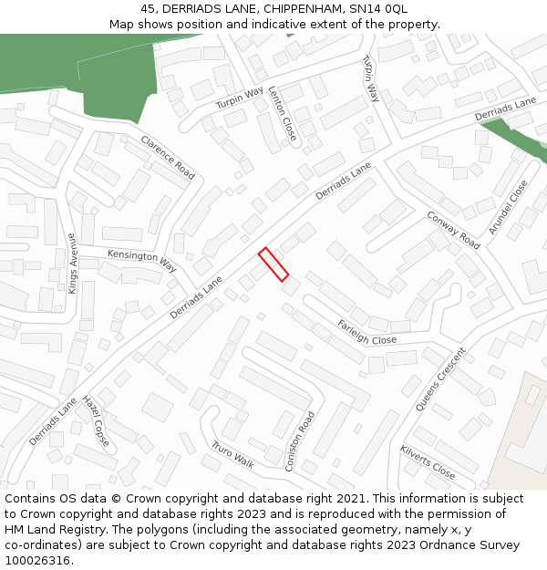 45, DERRIADS LANE, CHIPPENHAM, SN14 0QL: Location map and indicative extent of plot