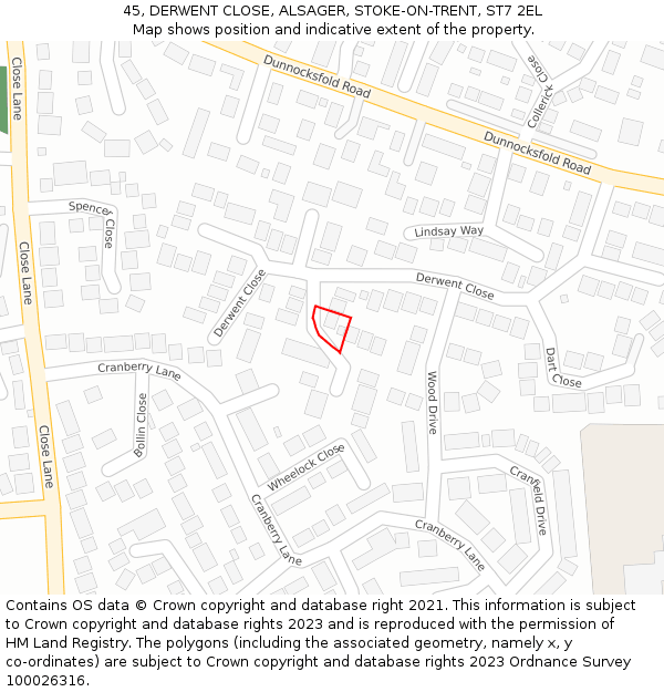 45, DERWENT CLOSE, ALSAGER, STOKE-ON-TRENT, ST7 2EL: Location map and indicative extent of plot