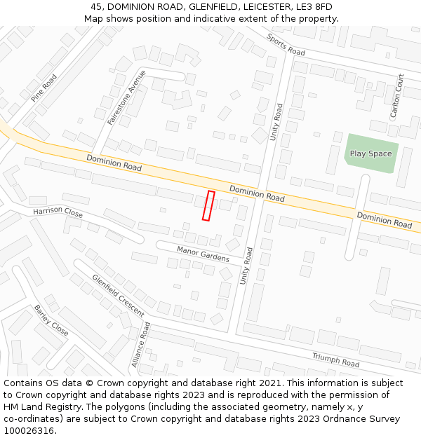 45, DOMINION ROAD, GLENFIELD, LEICESTER, LE3 8FD: Location map and indicative extent of plot