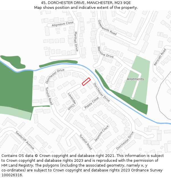 45, DORCHESTER DRIVE, MANCHESTER, M23 9QE: Location map and indicative extent of plot