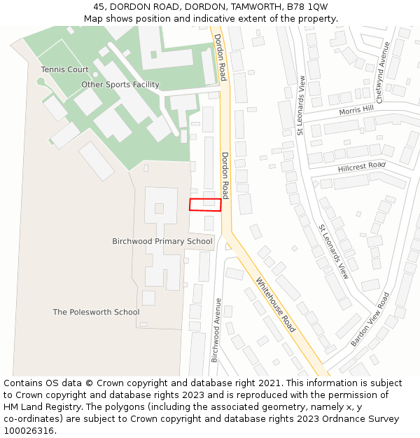 45, DORDON ROAD, DORDON, TAMWORTH, B78 1QW: Location map and indicative extent of plot
