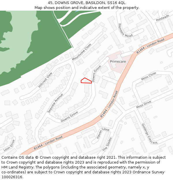 45, DOWNS GROVE, BASILDON, SS16 4QL: Location map and indicative extent of plot