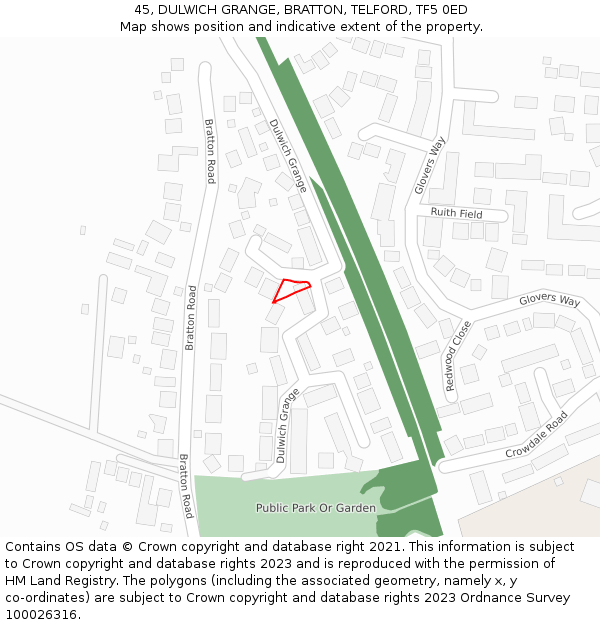 45, DULWICH GRANGE, BRATTON, TELFORD, TF5 0ED: Location map and indicative extent of plot