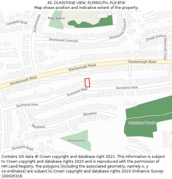 45, DUNSTONE VIEW, PLYMOUTH, PL9 8TW: Location map and indicative extent of plot