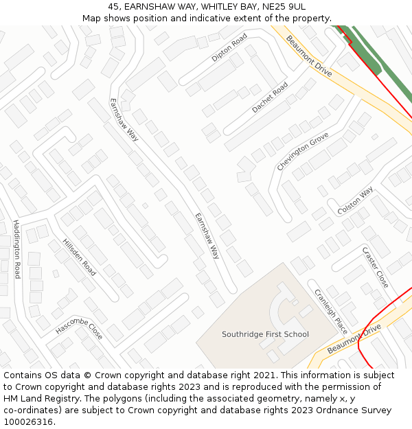 45, EARNSHAW WAY, WHITLEY BAY, NE25 9UL: Location map and indicative extent of plot