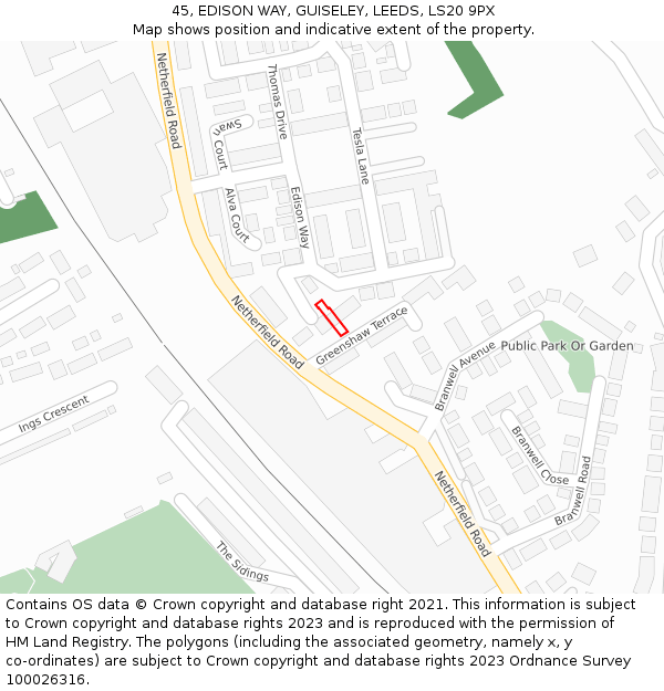 45, EDISON WAY, GUISELEY, LEEDS, LS20 9PX: Location map and indicative extent of plot