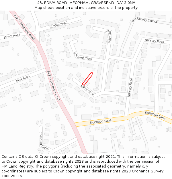 45, EDIVA ROAD, MEOPHAM, GRAVESEND, DA13 0NA: Location map and indicative extent of plot