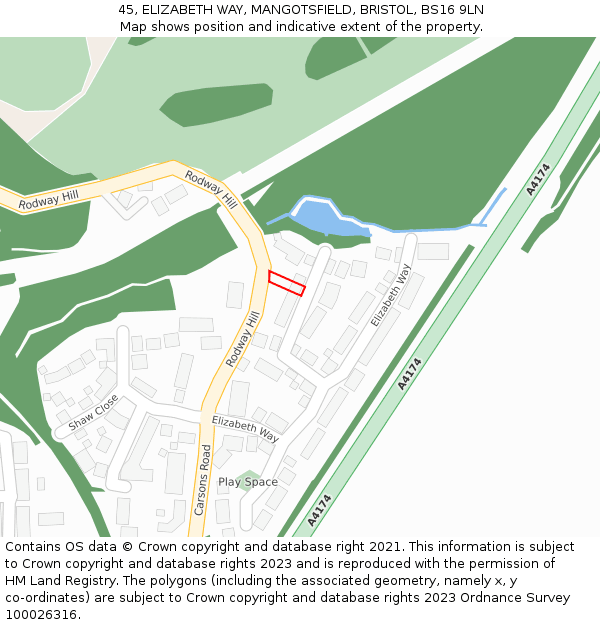 45, ELIZABETH WAY, MANGOTSFIELD, BRISTOL, BS16 9LN: Location map and indicative extent of plot