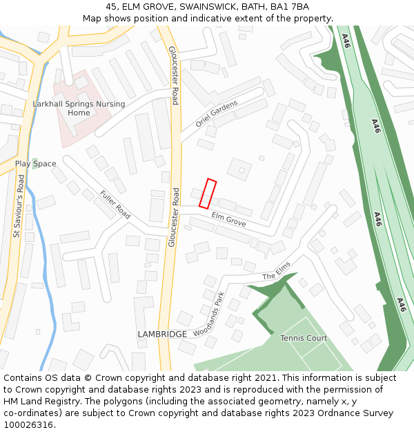 45, ELM GROVE, SWAINSWICK, BATH, BA1 7BA: Location map and indicative extent of plot